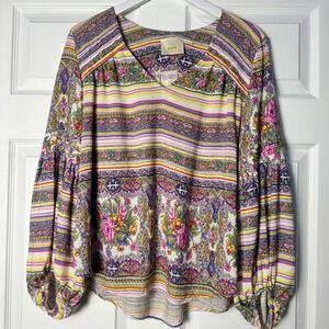 Maeve Anthropologie Ceresco Floral Boho Balloon Sleeve Peasant Top Blouse M